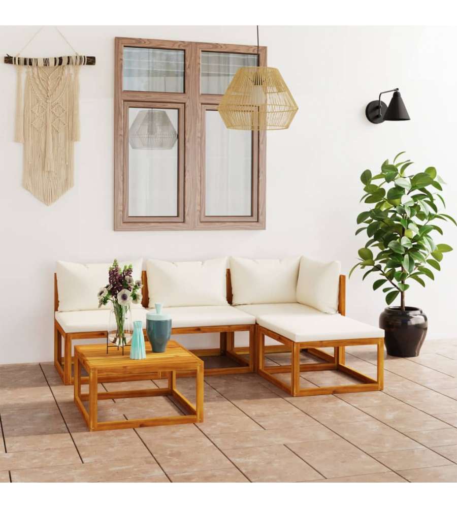 Set Divani da Giardino 5 pz con Cuscini Crema in Legno Acacia