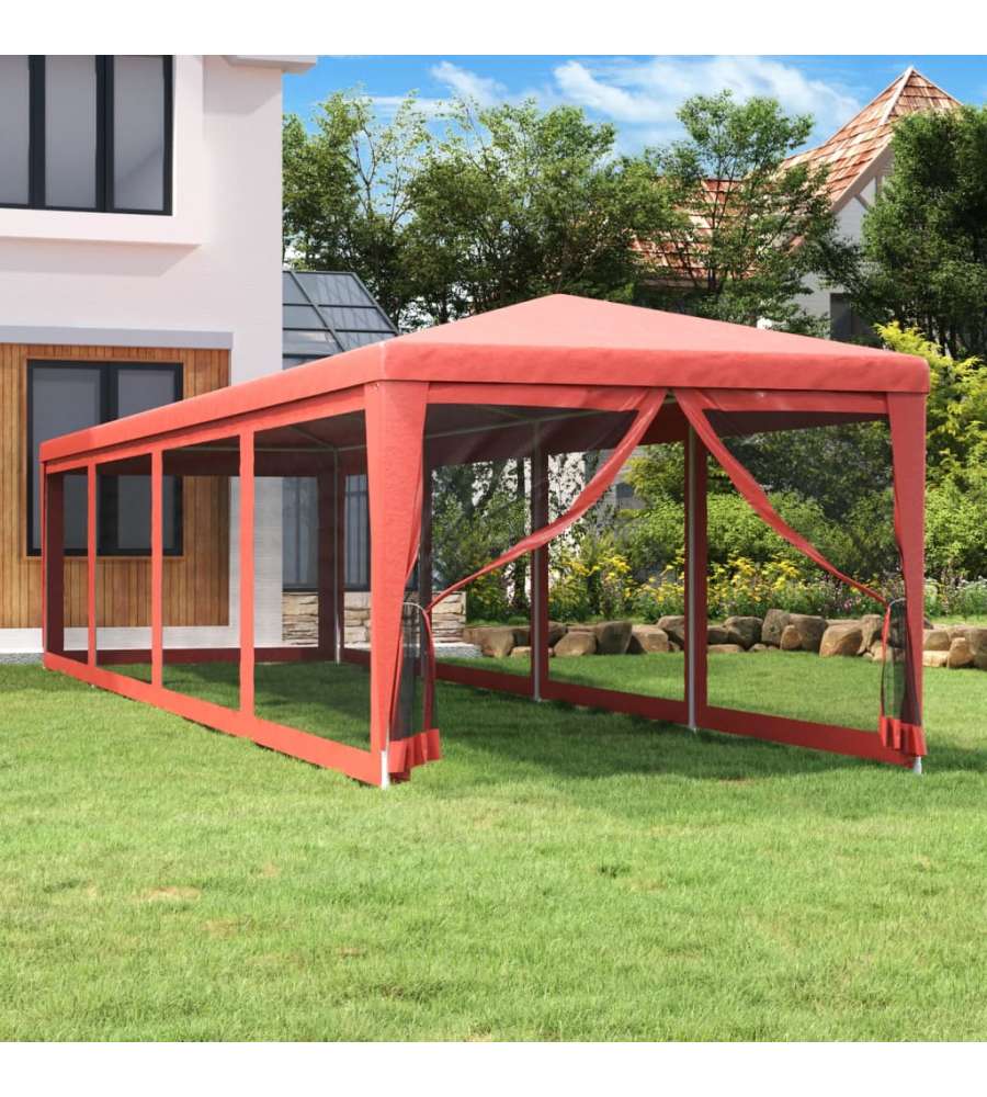 Tenda per Feste con 10 Pareti Laterali in Rete Rosso 3x12m HDPE