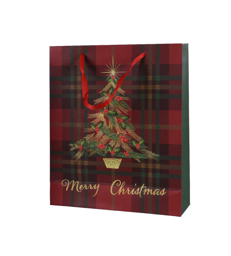 Busta regalo tartan e decoro albero 32h cm