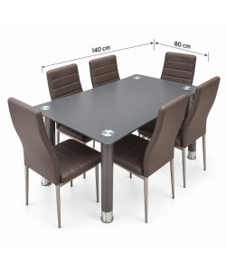Set Avatar con Tavolo in Vetro e 6 Sedie in Ecopelle Fango - 80x140 cm