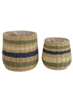 Cesta Rotonda in Corda Intrecciata Piccola 27x25 cm Righe Verde Blu