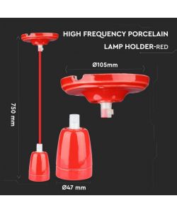 Portalampada in Porcellana E27 (Max 60W) Colore Rosso e Cavo in Corda