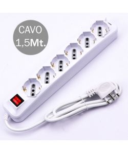 Multipresa con Cavo 1,5mt 6 Prese 10/16A 2P+T Bipasso + Shuko Interruttore Luminoso Spina 16A 2P+T Colore Bianco