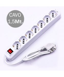 Multipresa con Cavo 1,5mt 7 Prese 10/16A 2P+T Bipasso + Shuko Interruttore Luminoso Spina 16A 2P+T Colore Bianco