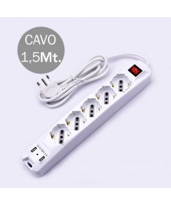 Multipresa con Cavo 1,5mt 5 Prese 10/16A Bipasso + Shuko e 2 USB Interruttore Luminoso Spina 16A 2P+T Colore Bianco