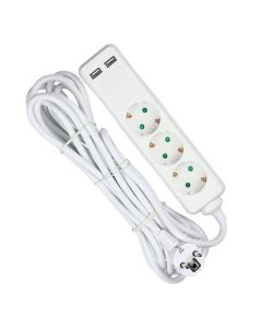 Multipresa con Cavo 5mt 3 Prese 10A 2P + Shuko 2 USB e Interruttore Luminoso Spina Shuko Colore Bianco