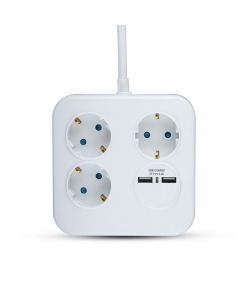 Multipresa Quadrata con Cavo 1,4 mt 3 Prese Shuko e 2 USB e Spina Shuko Colore Bianco