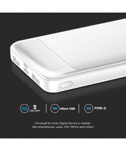 V-TAC Power Bank 10000mAh, Ricarica Rapida PD 22.5W, USB-A, USB Type-C, Micro USB