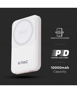 V-TAC Power Bank 10000 mAh MagSafe Ultra Sottile Magnetico con Ricarica Wireless Colore Bianco