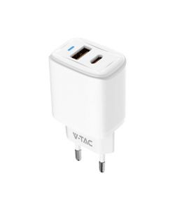 V-TAC Adattatore da Viaggio USB 20W 1 PD+1 QC Colore Bianco