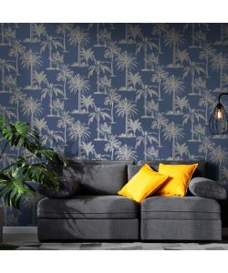 DUTCH WALLCOVERINGS Carta da Parati Alberi Tropicali Blu e Argento