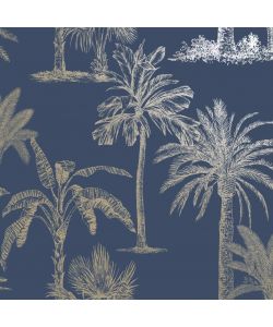 DUTCH WALLCOVERINGS Carta da Parati Alberi Tropicali Blu e Argento