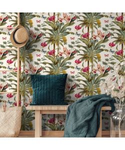 DUTCH WALLCOVERINGS Carta da Parati Tropical Palm Verde e Rosa