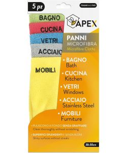 Apex Set 5 Panni Microfibra Colorati 30x38 cm per Pulizia Casa