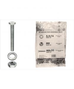 Kit viti testa esagonale M8 x 30 + dadi + rondelle - 200 pz.