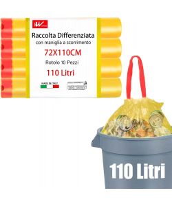 10 Sacchi per la spazzatura giallo con maniglia 72x110 cm