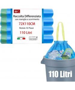 10 Sacchi per la spazzatura azzurri con maniglia 72x110 cm