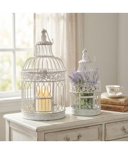 Cosma Claire Set di 2 Gabbie Rotonde in Metallo Bianco Antico �25x59 cm