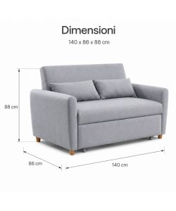 Domo Mea Divano Letto Due Posti in Tessuto Grigio con Meccanismo Pull-Out - Dimensioni 140x86x88 cm