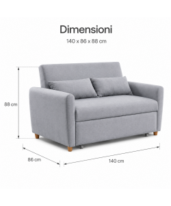 Domo Mea Divano Letto Due Posti in Tessuto Grigio con Meccanismo Pull-Out - Dimensioni 140x86x88 cm