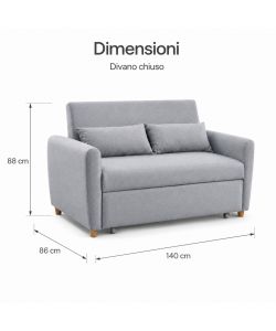 Divano Letto 2 Posti in Tessuto Grigio 140x86x88 cm Apertura Letto 190x112 cm Pull-Out - Domo Mea
