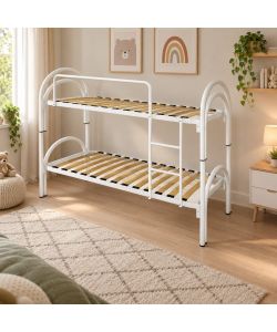 Letto a Castello Bianco con Doppio Arco e Doghe in Legno - 200x80 cm