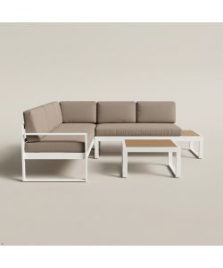 Salotto angolare da giardino alluminio bianco effetto rovere con cuscini - divano e tavolino Silvia Domo Mea