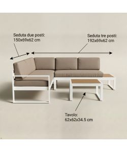 Salotto angolare da giardino alluminio bianco effetto rovere con cuscini - divano e tavolino Silvia Domo Mea