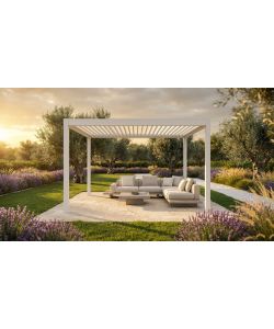 Pergola bioclimatica 3x4 m in alluminio bianco a lamelle orientabili con grondaia - Verdelook