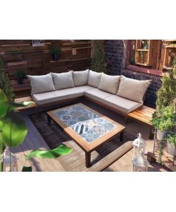 Set Salotto da Giardino in Legno di Acacia Divano Angolare e Tavolino Cuscini Ecru - Oslo Domo Mea