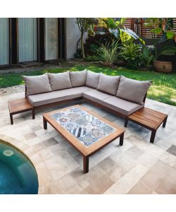 Set Salotto da Giardino in Legno di Acacia Divano Angolare e Tavolino Cuscini Ecru - Oslo Domo Mea