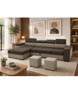 Divano Letto Angolare con Contenitore e 2 Pouf in Tessuto Marrone Beige - Antonello Domo Mea