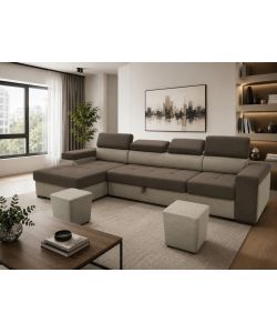 Divano Letto Angolare con Contenitore e 2 Pouf in Tessuto Marrone Beige - Antonello Domo Mea