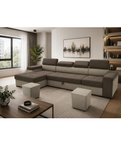 Divano Letto Angolare con Contenitore e 2 Pouf in Tessuto Marrone Beige - Antonello Domo Mea