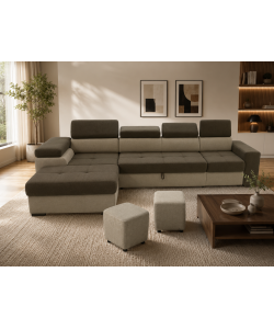 Divano Letto Angolare con Contenitore e 2 Pouf in Tessuto Marrone Beige - Antonello Domo Mea