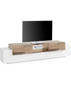 Porta Tv New Corona Moderno 2+2 Ante Battenti Ripiano Vetro Bianco Acero Pereira