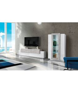 Soggiorno Corona Porta Tv + Vetrina Bianco Lucido E Cemento