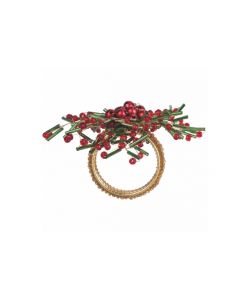 Portatovagliolo Agrifoglio Rosso Natalizio con Perline - D. 4,5 cm