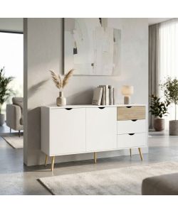 Cosma Mobile Bradley Madia Stile Scandinavo 2 Ante 3 Cassetti Bianco Marrone 147x82 cm