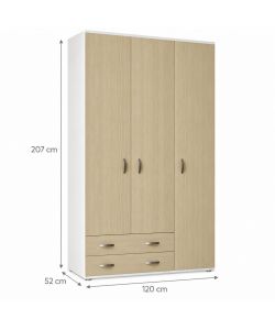 Armadio Monza 3 Ante e 2 Cassetti Bianco Olmo - 120x52x207 cm