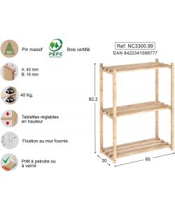 Scaffale natura con 3 ripiani in pino massiccio