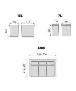 Emuca Contenitori per raccolta differenziata, 12 L+12 L+7 L+7 L, modulo 800 mm, Plastica, Grigio antracite. + Base