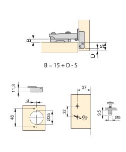 Emuca Cerniera a scodellino X92 con chiusura ammortizzata, apertura 105gr, Per vite, basette per montaggio misto, Nichel satinado