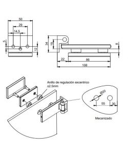 Emuca Cerniera per anta in vetro con finiture in acciaio inox, cerniera orizzontale con forcella da 34 mm, per anta da 8-12 mm, acciaio inox 1 UN