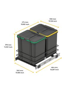 Emuca Pattumiera per differenziata Recycle da cucina, 2 x 16 L, fissaggio sul fondo ed estrazione manuale, Tecnoplastica grigio antracite 1 UN