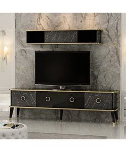 Porta tv con pensile Bientv 180 effetto marmo nero particolari oro
