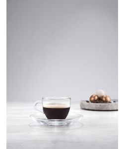 Pasabahce Set 6 Tazzine Caffè Vetro Trasparente 90ml con Piattini