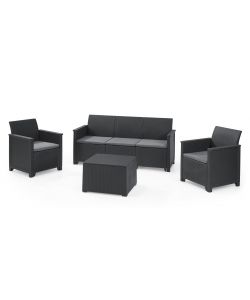 EMMA LOUNGE SET 3 SEATER con cuscini - Poltrone 65x63x74h Divano 163x65x74h Tavolino contenitore 60x55x39h - Flat Wicker 7 mm - Grafite Keter