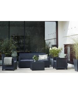 EMMA LOUNGE SET 3 SEATER con cuscini - Poltrone 65x63x74h Divano 163x65x74h Tavolino contenitore 60x55x39h - Flat Wicker 7 mm - Grafite Keter