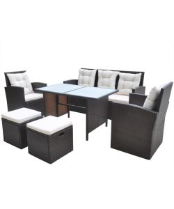 Set da Pranzo da Giardino 6 pz con Cuscini Polyrattan Marrone